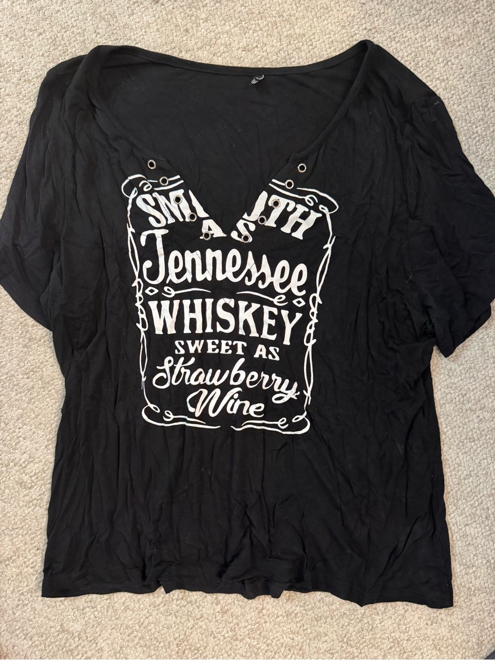 Flamingals Black V-Neck Graphic Tee with White Tennessee Whiskey Print